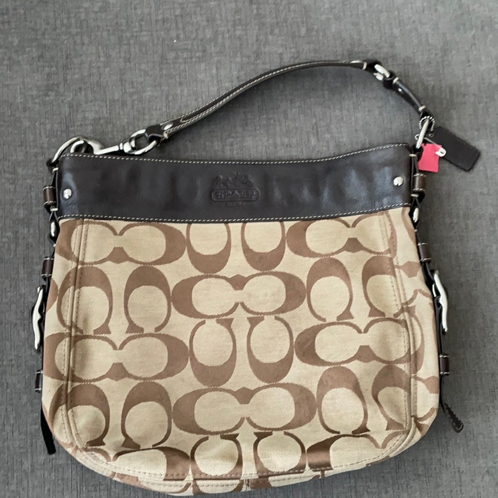 Vintage Coach handbag,purse. Traditional brown leather and tan canvas details.